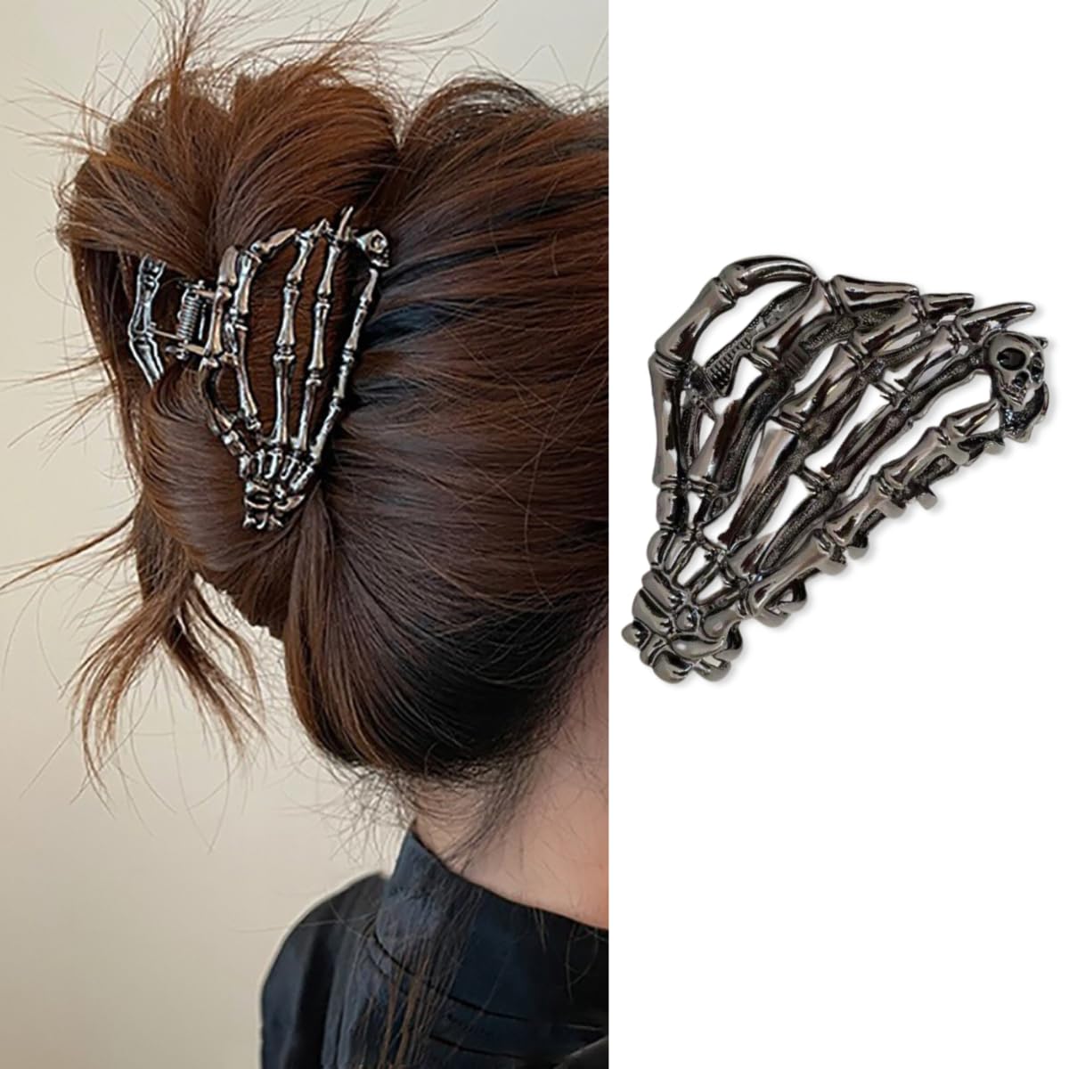 Medium Metal Hair Claw Clip with Skeleton Skull Design - Black Halloween Hair Accessory