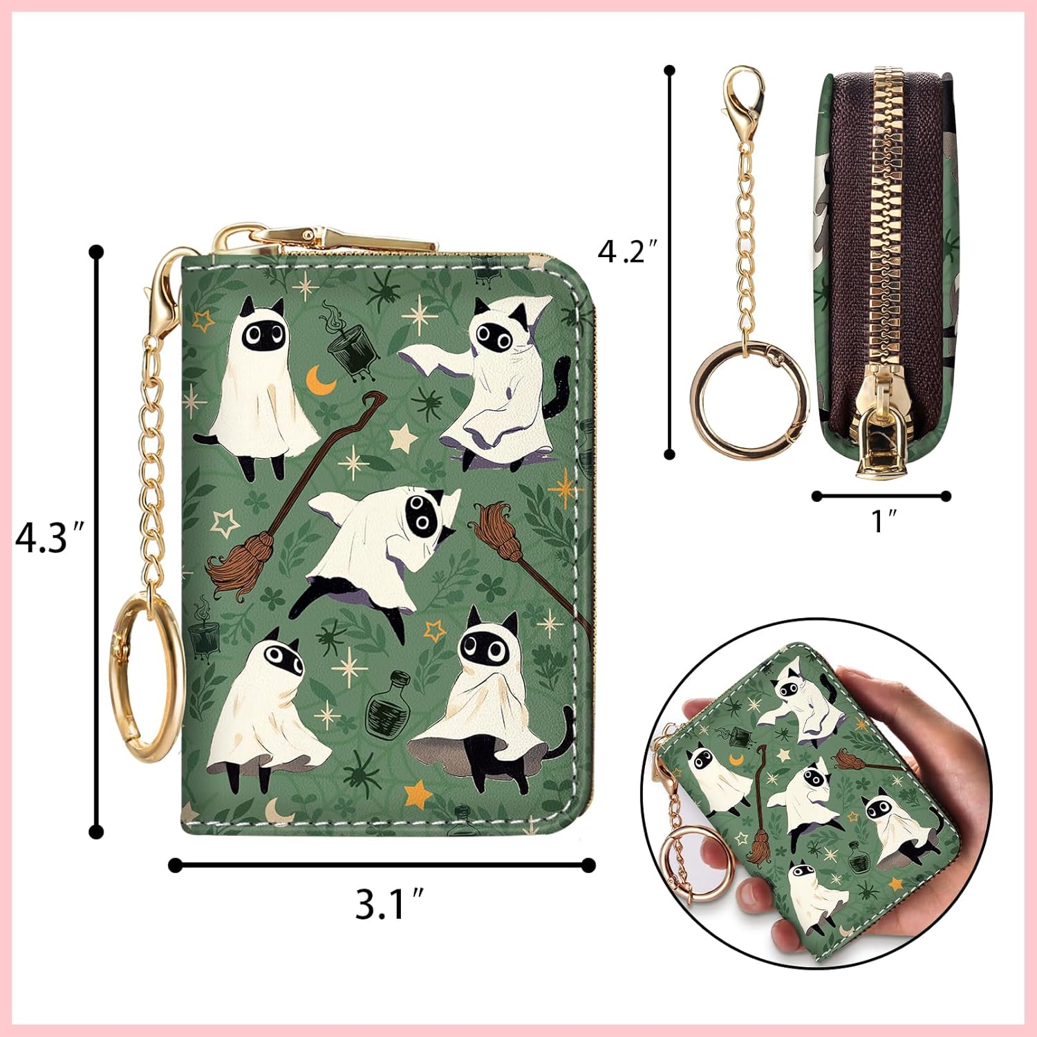 Blusabaca Halloween Spooky Cute Cat Credit Card Holder for Women, Witch Magic Small RFID Wallet, Zipper Keychain Wallet, Leather Card Case, RFID Blocking Accordion Wallet Holiday Gift