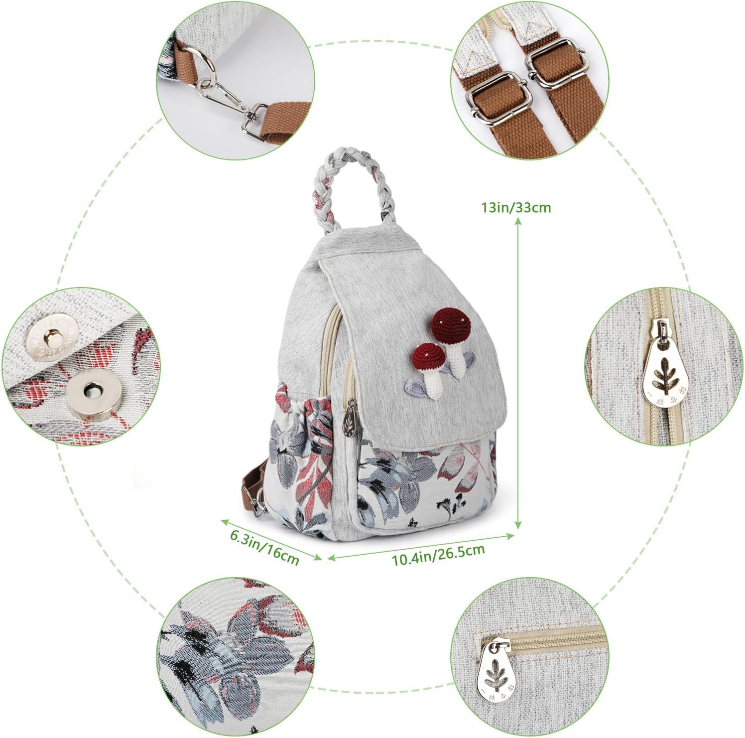 Convertible Mushroom-Print Mini Backpack for Women