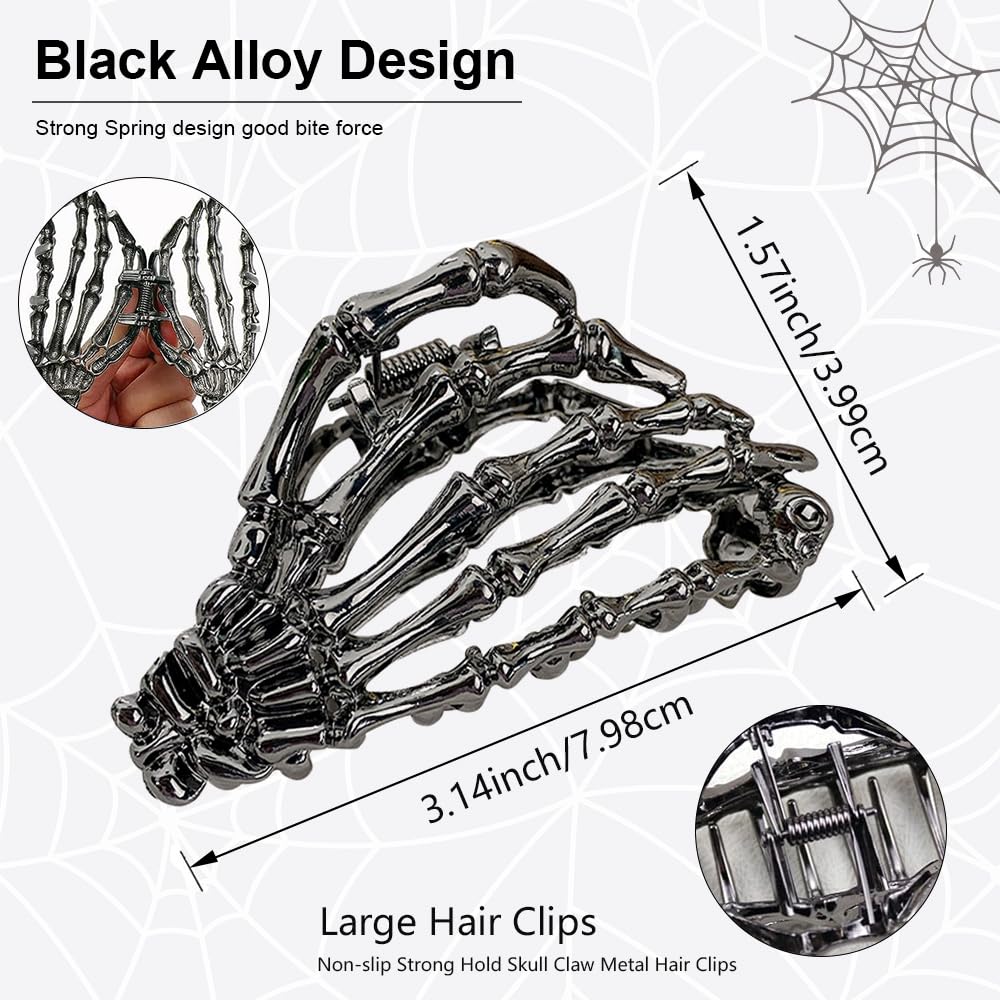Medium Metal Hair Claw Clip with Skeleton Skull Design - Black Halloween Hair Accessory