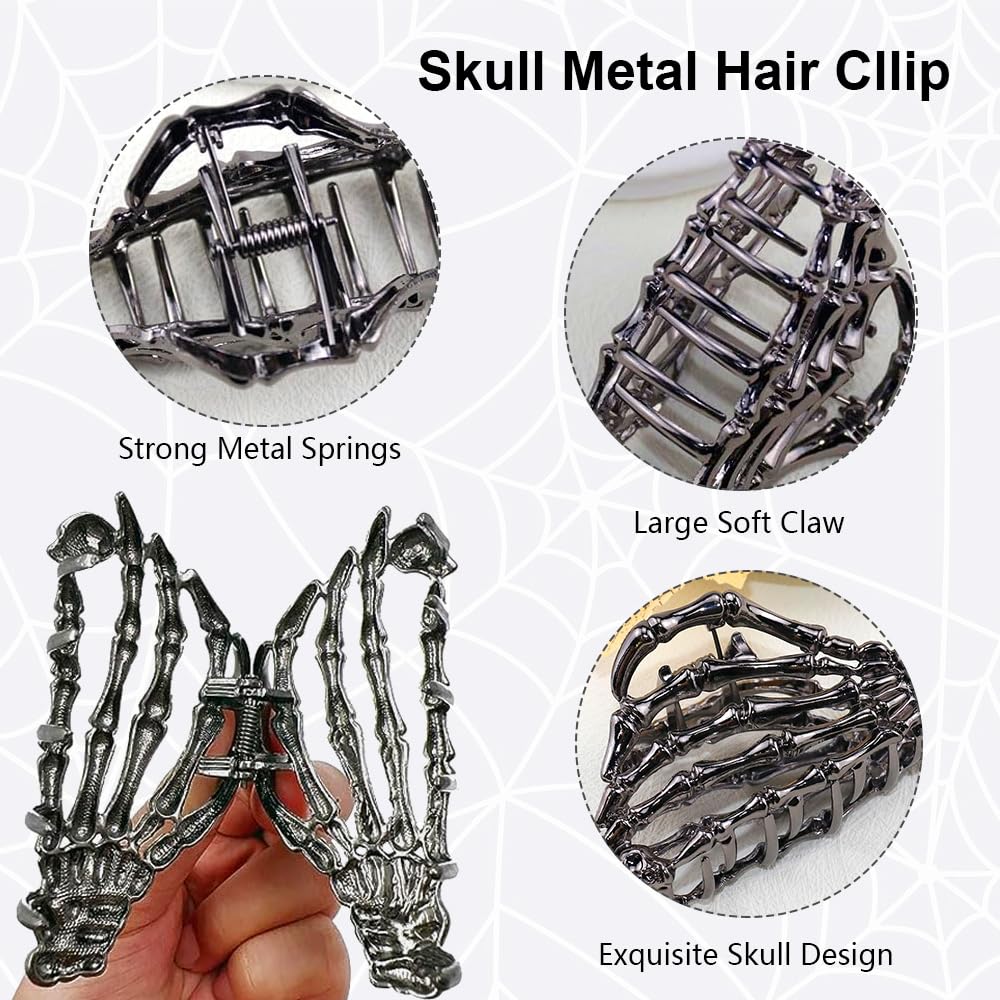 Medium Metal Hair Claw Clip with Skeleton Skull Design - Black Halloween Hair Accessory
