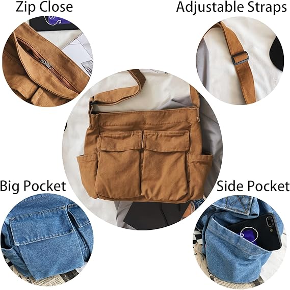 Canvas Messenger Bag Large Hobo Bag Crossbody Shoulder Bag Tote Bag with Pocket for Women and Men