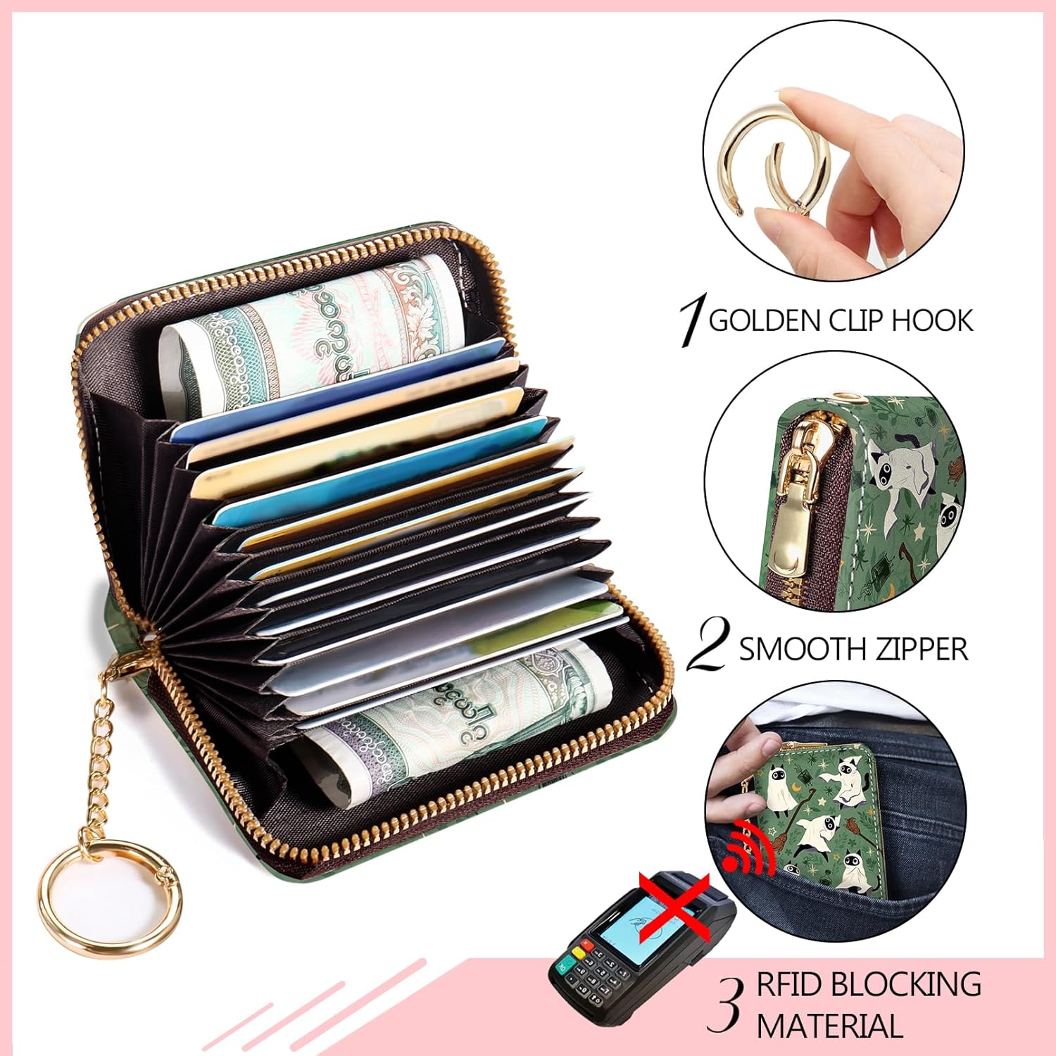 Blusabaca Halloween Spooky Cute Cat Credit Card Holder for Women, Witch Magic Small RFID Wallet, Zipper Keychain Wallet, Leather Card Case, RFID Blocking Accordion Wallet Holiday Gift