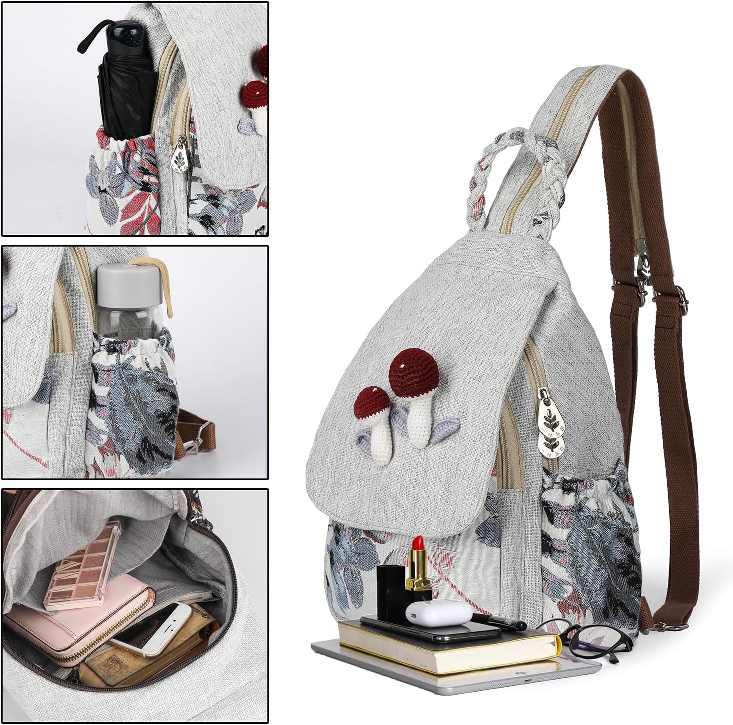 Convertible Mushroom-Print Mini Backpack for Women