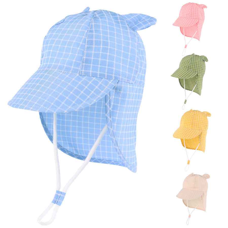 A children's sun hat with a cute ear-shaped pattern and a checkered design