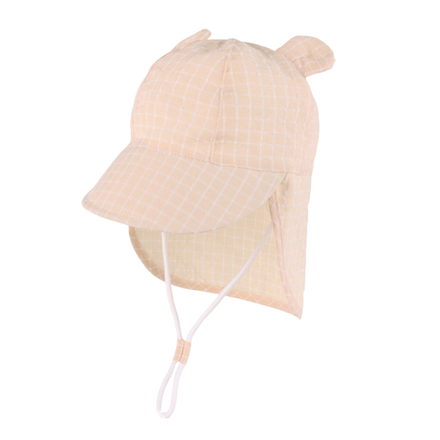 A children's sun hat with a cute ear-shaped pattern and a checkered design