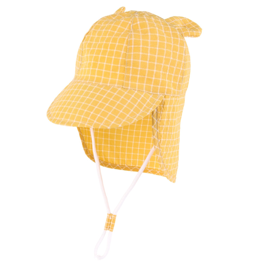 A children's sun hat with a cute ear-shaped pattern and a checkered design