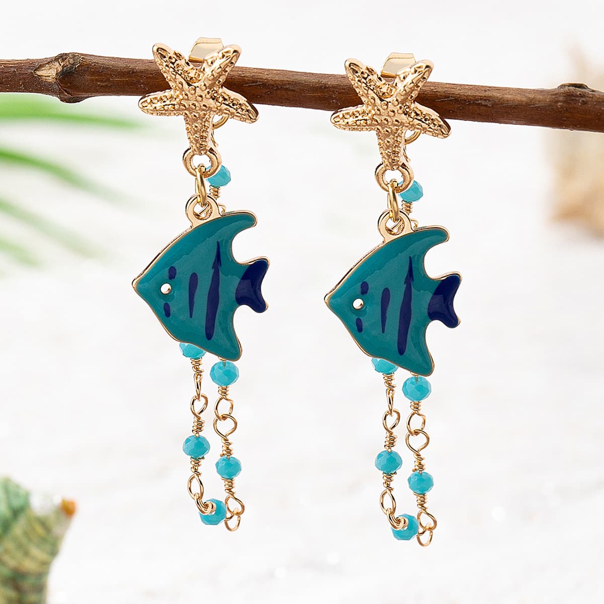 Summer Beach Ocean Starfish Fish Drop Earrings, Enamel Marine Animal Turquoise Bead Tassel Stainless Steel Pin Fresh Sweet Vacation Women Ear Jewelry
