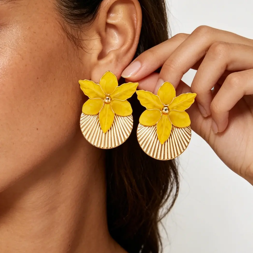 Oversized Yellow Enamel Flower Drop Earrings, Electroplated Zinc Alloy Iron Pin French Sweet Coastal Vacation Statement Floral Earrings for Women