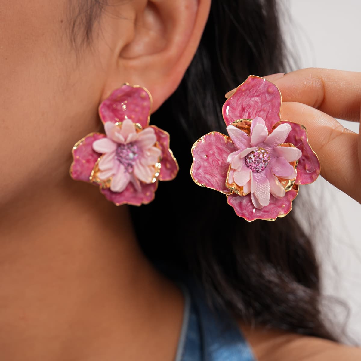 Spring Drip Oil Fabric Flower Stud Earrings, Sweet Floral Steel Pin Niche Design Bohemian Vacation Statement Ear Jewelry for Women