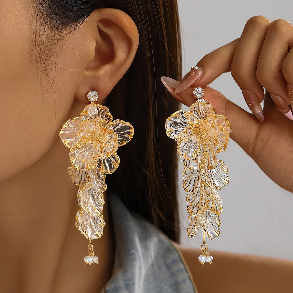 Champagne Transparent Resin Floral Tassel Drop Earrings, Oversized Layer Petal Crystal Stud Niche Elegant Fresh Sweet Women Statement Ear Jewelry