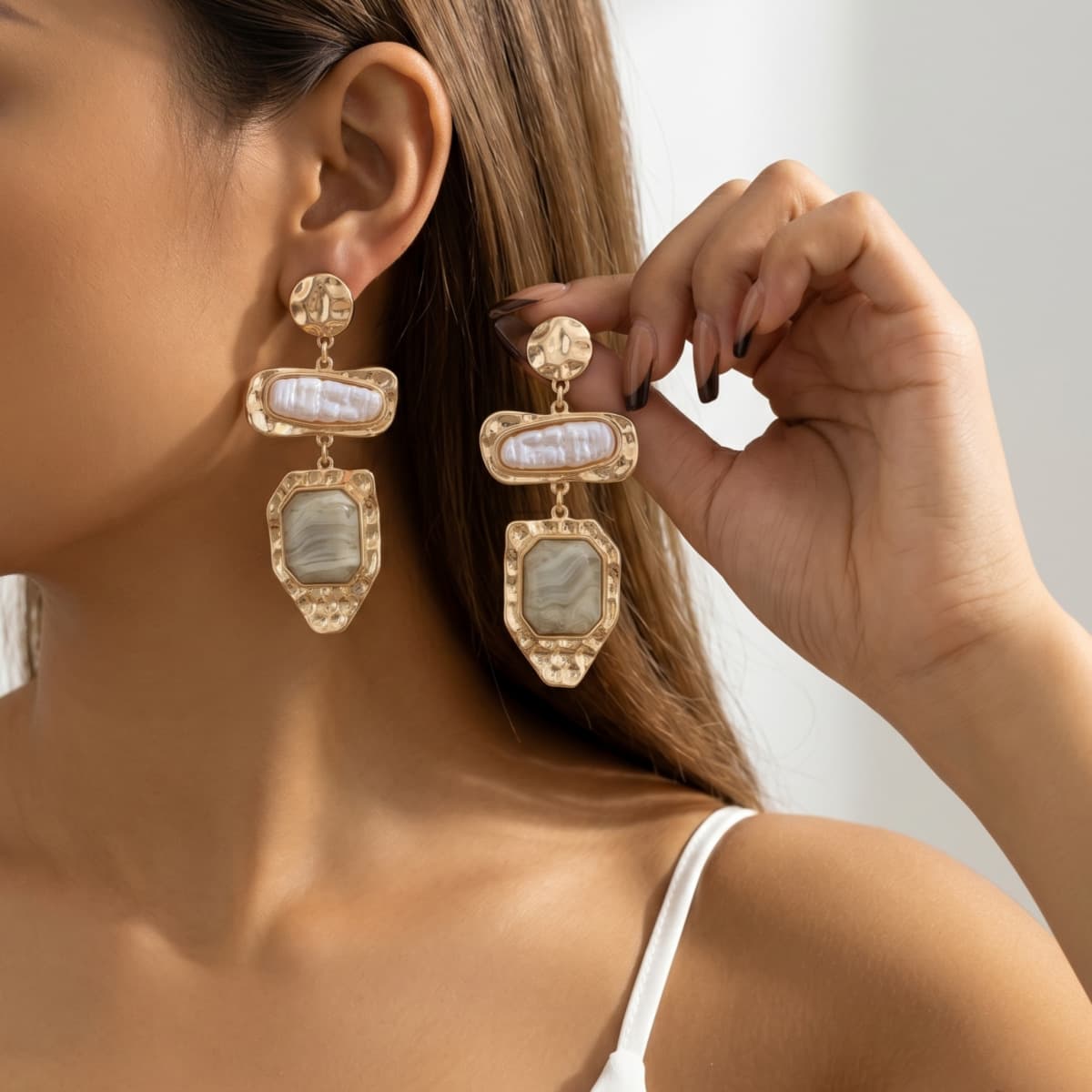 Vintage Baroque Irregular Pearl Geometric Layer Drop Earrings, Real Gold Plated Alloy Stainless Steel Pin Ins Chic Bold Statement Commute Jewelry for Women