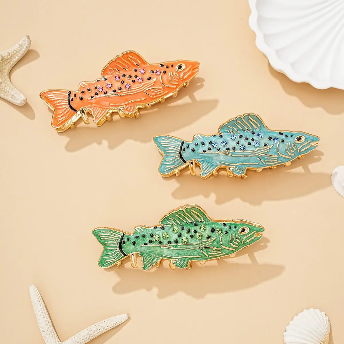 Original Ocean Series Fish Hair Claw Clips, Electroplated Zinc Alloy Rhinestone Inlaid Ins Personality Animal Jaw Clips Women Summer Beach Hair Accessories