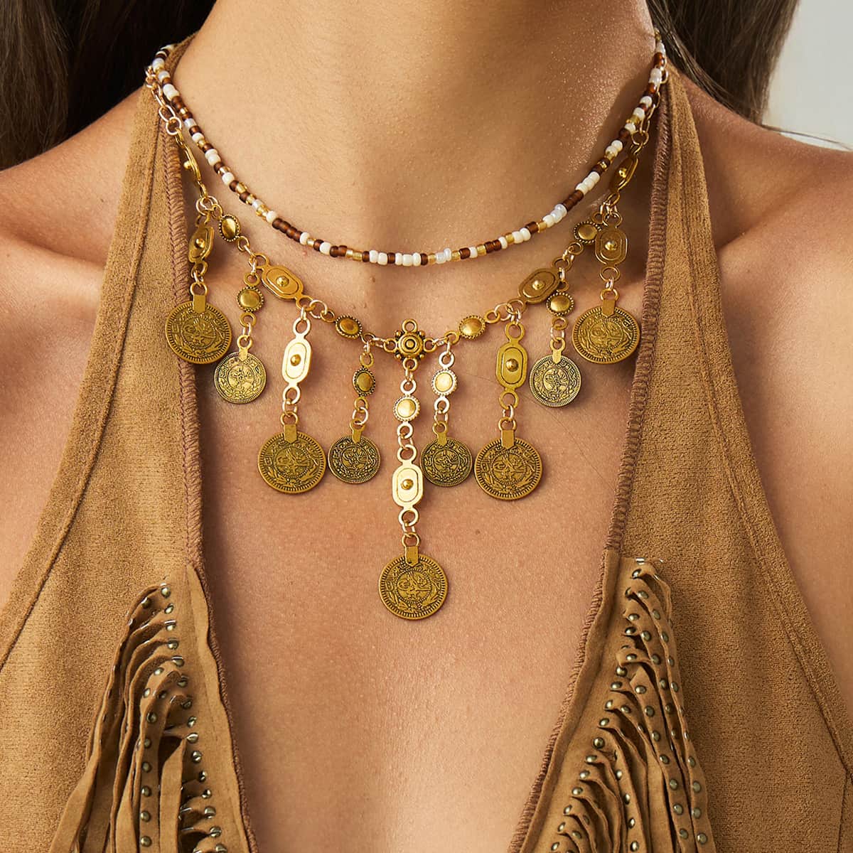 Boho Multi Layer Coin Tassel Necklace Vintage Ethnic Beaded Gold Choker Retro Geometric Pendant Women Daily Jewelry