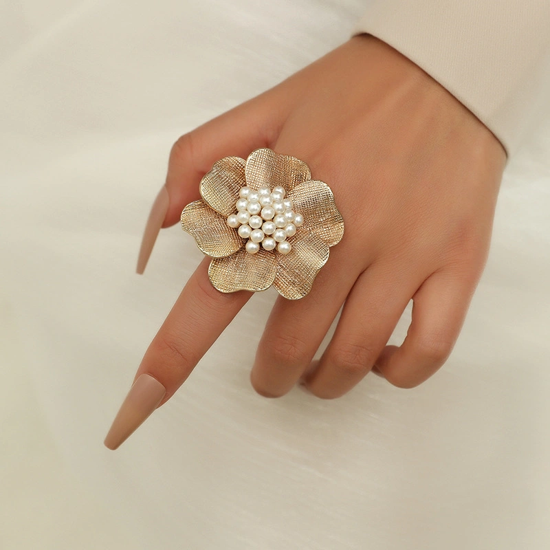 Oversized Textured Metal Flower Open Ring, Electroplated Alloy Cluster Faux Pearl Vintage Luxury Light Women Adjustable Index Finger Statement Ring