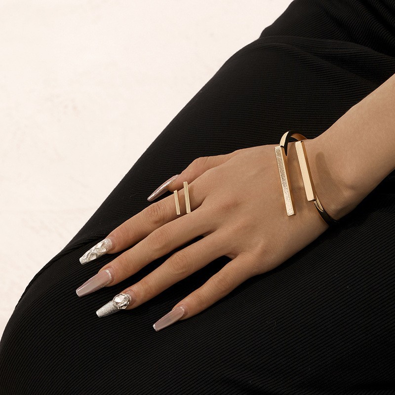 Minimal Geometric Bar Open Cuff Bracelet Ring Jewelry Set, Electroplated Alloy Square Line Adjustable OL Fashion Commute Statement Matching Jewelry for Women