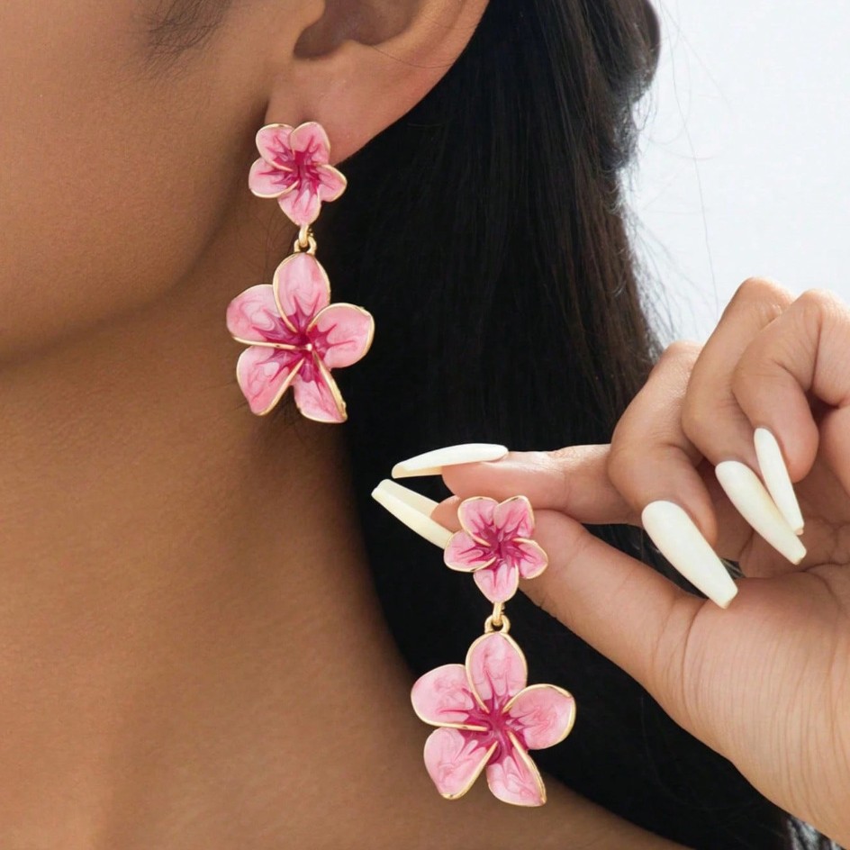 Two-Tier Enamel Plumeria Flower Drop Earrings, Electroplated Zinc Alloy Stainless Steel Pin Fresh Sweet Pastoral Oversized Floral Statement Ear Jewelry for Women
