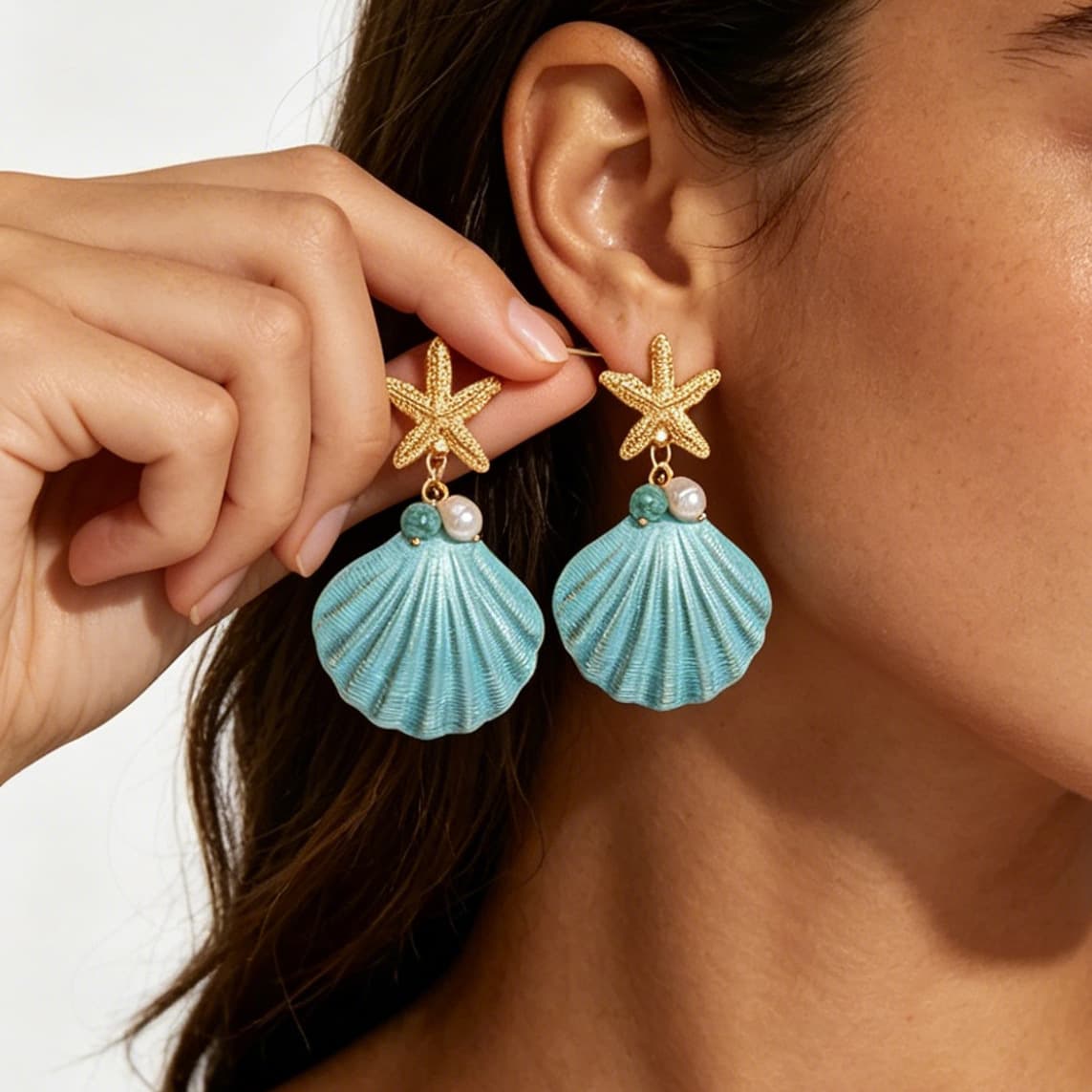 Ocean Natural Vacation Starfish Shell Drop Earrings, Electroplated Zinc Alloy Iron Pin Bold Marine Statement Fashion Commute Women Holiday Ear Jewelry