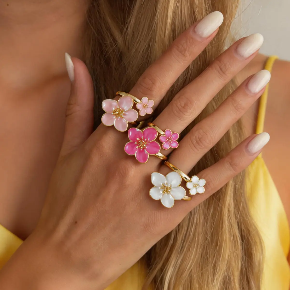 Dainty Drip Enamel Double Flower Open Ring, Electroplated Metal Sweet Fresh Floral Adjustable Stackable Women Statement Finger Jewelry