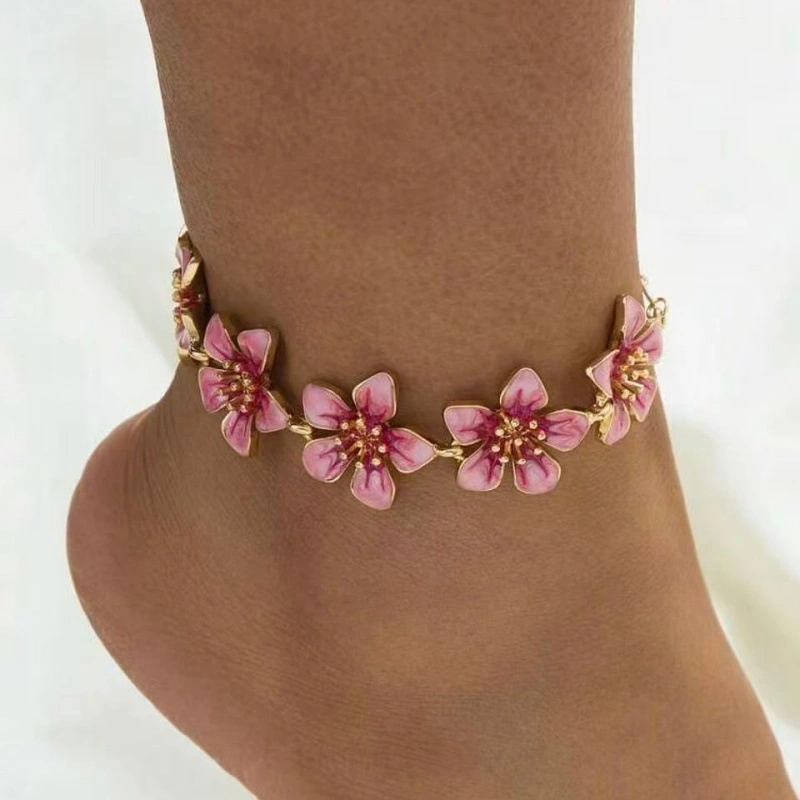 Pink Cherry Blossom Drip Enamel Ankle Bracelet, Electroplated Zinc Alloy Floral Vacation OL Women Adjustable Beach Anklet Foot Jewelry