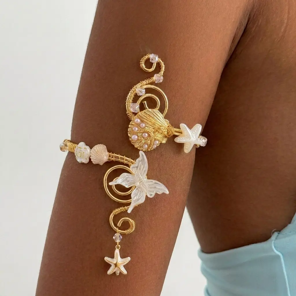 Ocean Butterfly Shell Arm Cuff, Electroplated Iron Spiral Open Upper Arm Bracelet Faux Pearl Starfish Crystal Women Summer Vacation Arm Jewelry