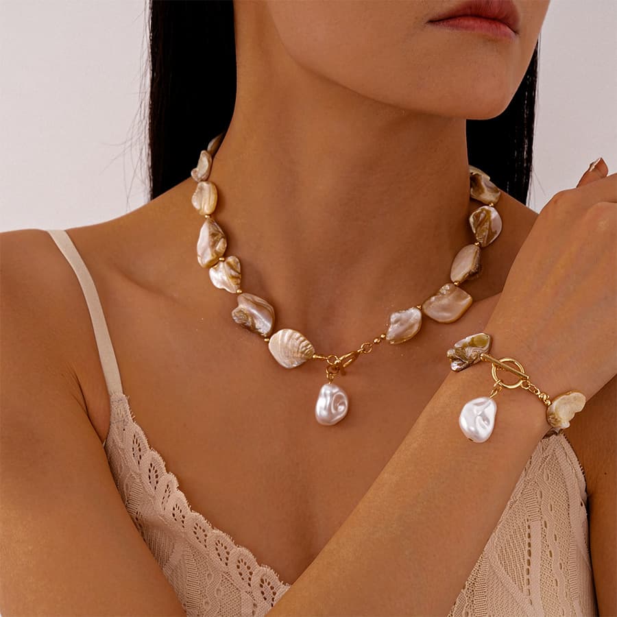 Irregular Baroque Shell & Imitation Pearl Jewelry Set, Boho Vacation Natural Geometric Collarbone Necklace Bracelet Elegant Women Daily Accessories