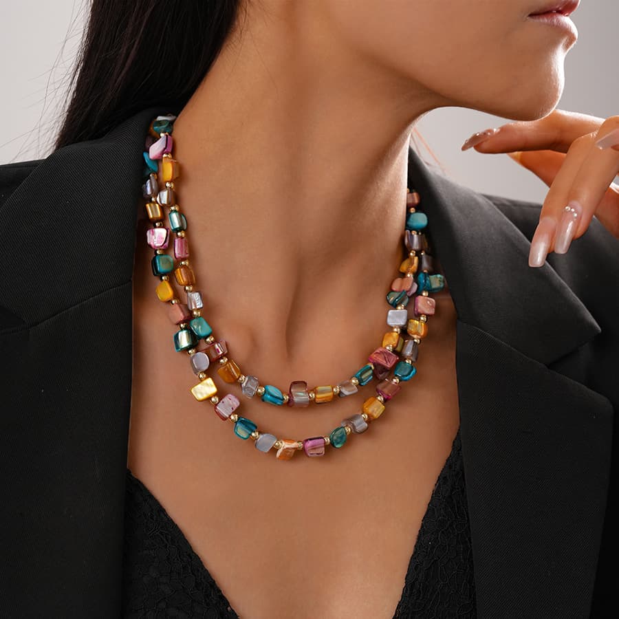 Double Layer Irregular Shell Beaded Collarbone Necklace, 2026 Summer Boho Vacation Geometric Natural Shell Stacked Choker Minimal High-End Jewelry for Women