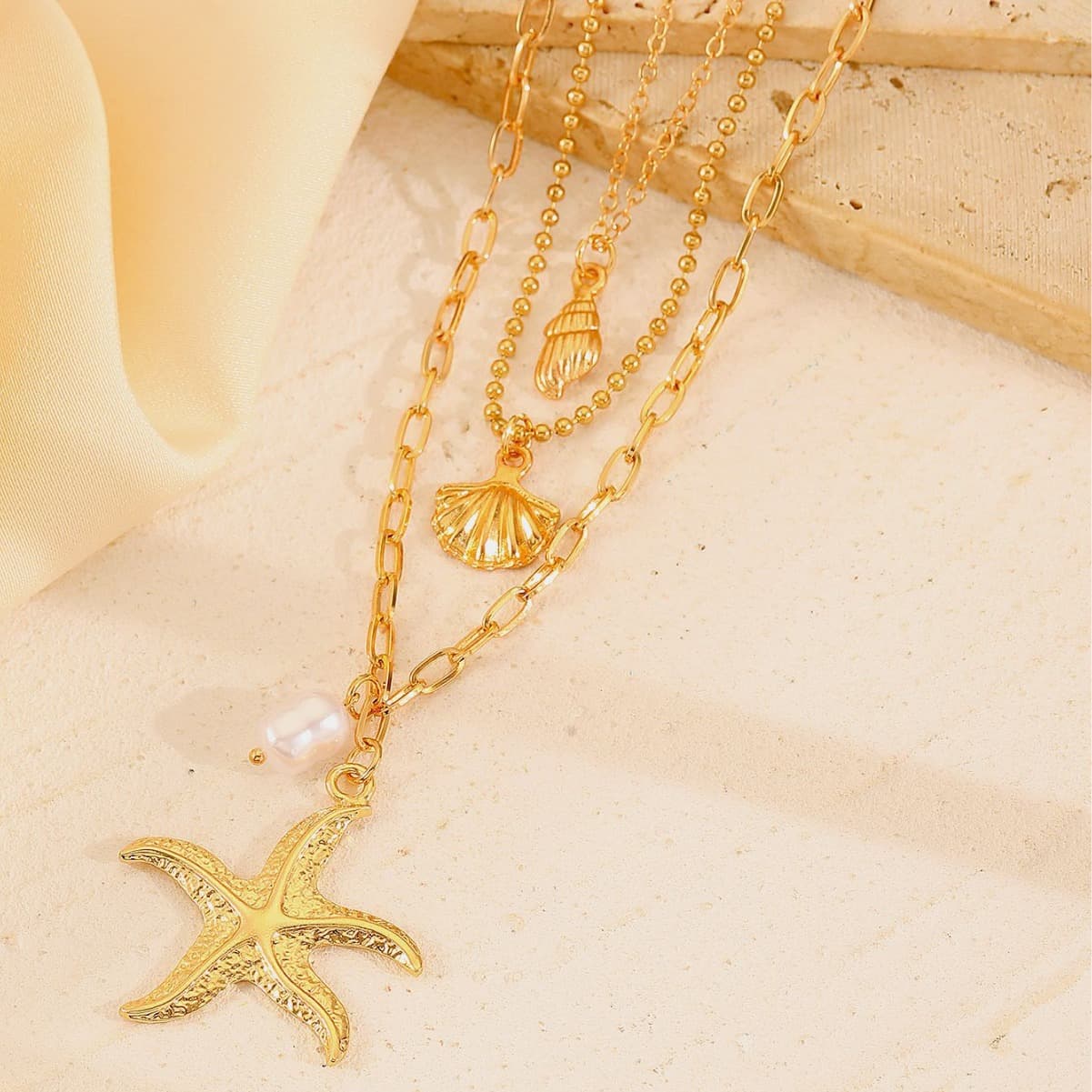 3-Tier Ocean Starfish Pearl Stacked Necklace Boho Summer Beach Gold Necklace for Women