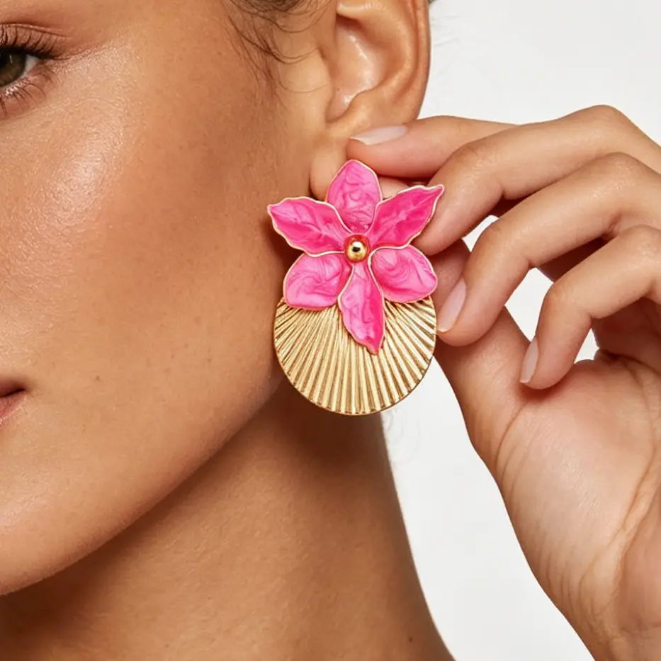 Oversized Yellow Enamel Flower Drop Earrings, Electroplated Zinc Alloy Iron Pin French Sweet Coastal Vacation Statement Floral Earrings for Women