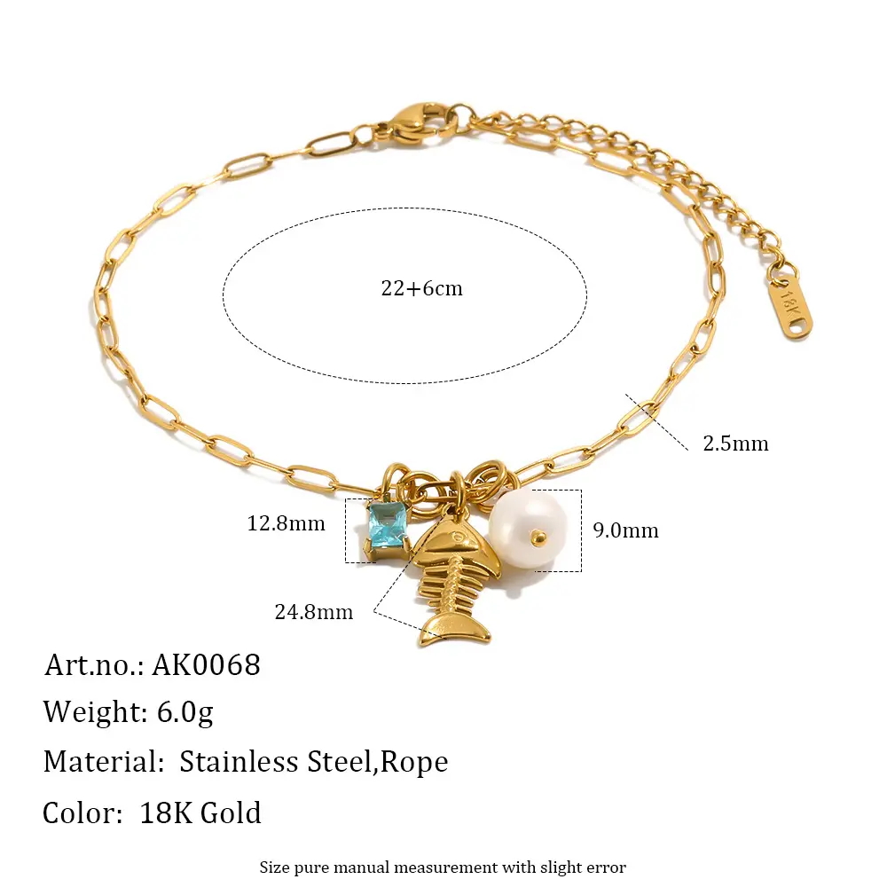 18K Gold Plated Stainless Steel Ocean Ankle Bracelet, Zircon Lobster Coral Fish Charm Natural Summer Beach Foot Jewelry for Women