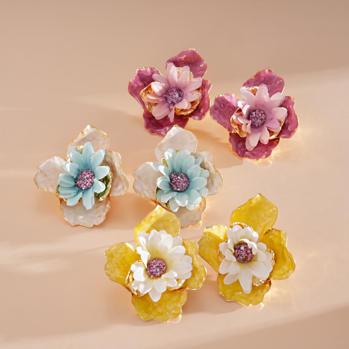 Spring Drip Oil Fabric Flower Stud Earrings, Sweet Floral Steel Pin Niche Design Bohemian Vacation Statement Ear Jewelry for Women