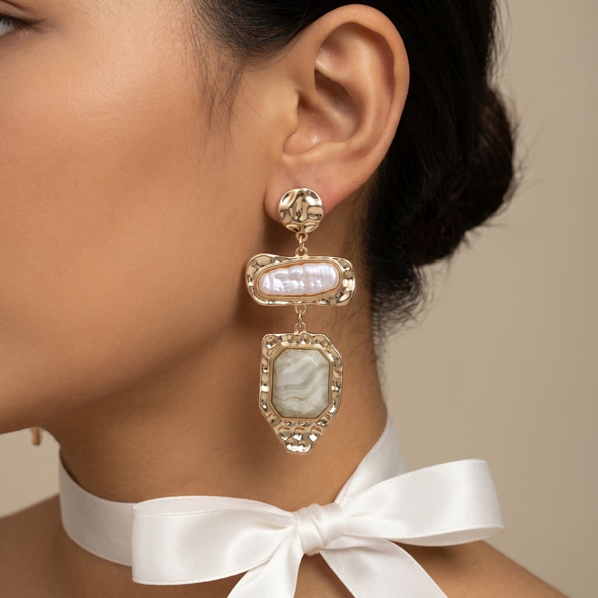 Vintage Baroque Irregular Pearl Geometric Layer Drop Earrings, Real Gold Plated Alloy Stainless Steel Pin Ins Chic Bold Statement Commute Jewelry for Women