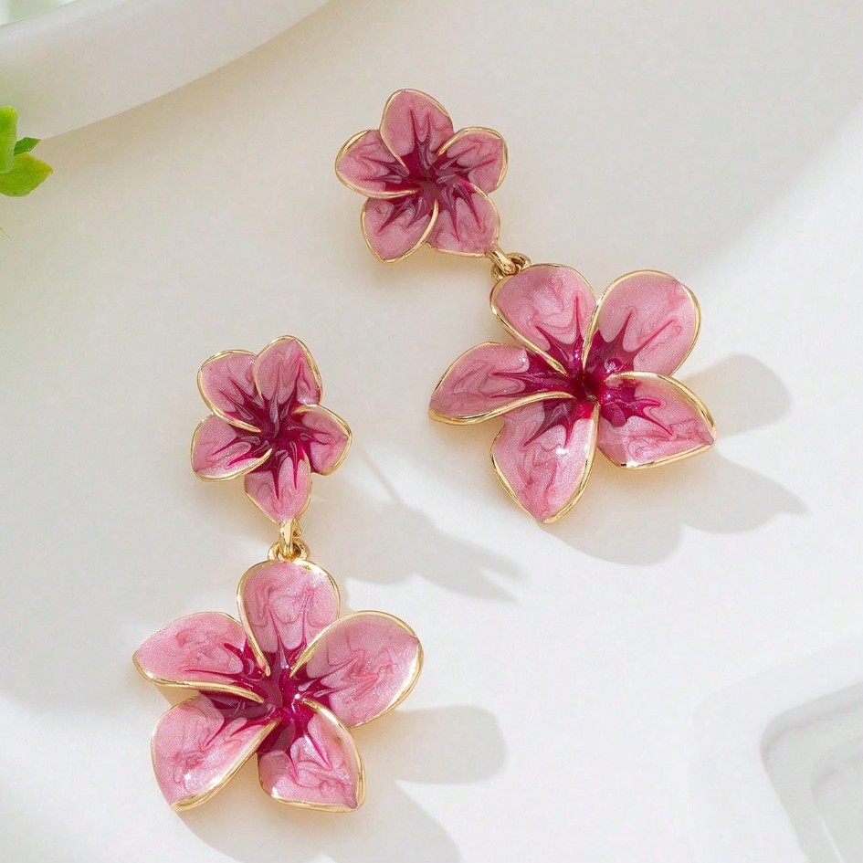 Two-Tier Enamel Plumeria Flower Drop Earrings, Electroplated Zinc Alloy Stainless Steel Pin Fresh Sweet Pastoral Oversized Floral Statement Ear Jewelry for Women