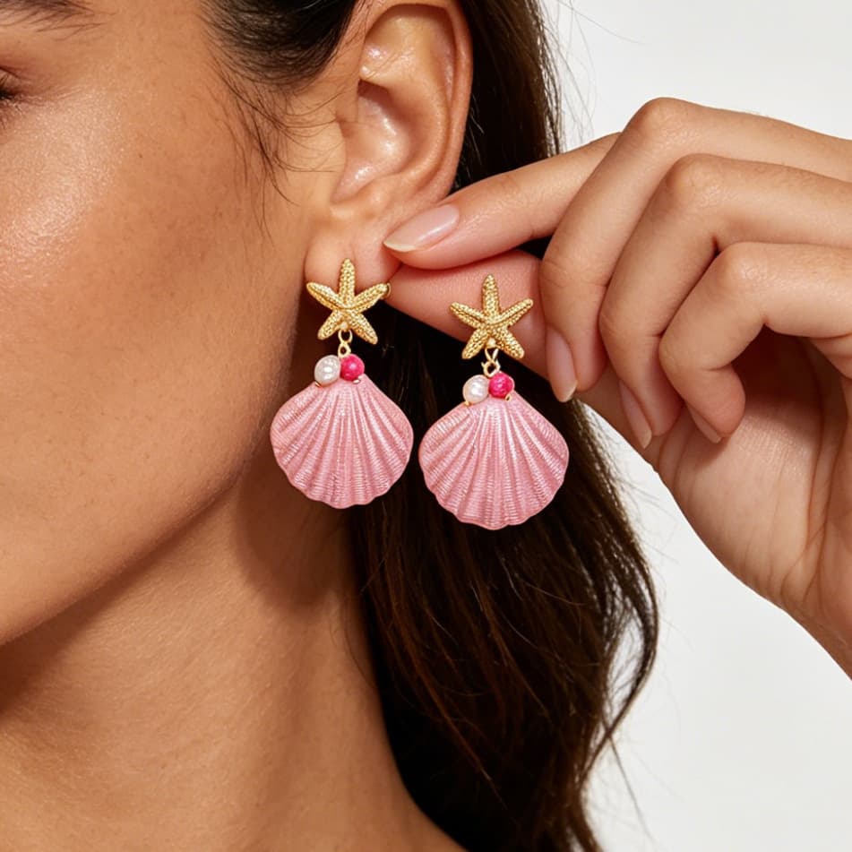 Ocean Natural Vacation Starfish Shell Drop Earrings, Electroplated Zinc Alloy Iron Pin Bold Marine Statement Fashion Commute Women Holiday Ear Jewelry