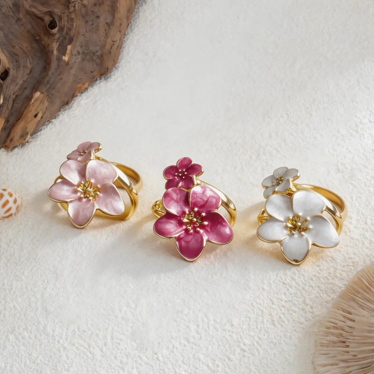 Dainty Drip Enamel Double Flower Open Ring, Electroplated Metal Sweet Fresh Floral Adjustable Stackable Women Statement Finger Jewelry