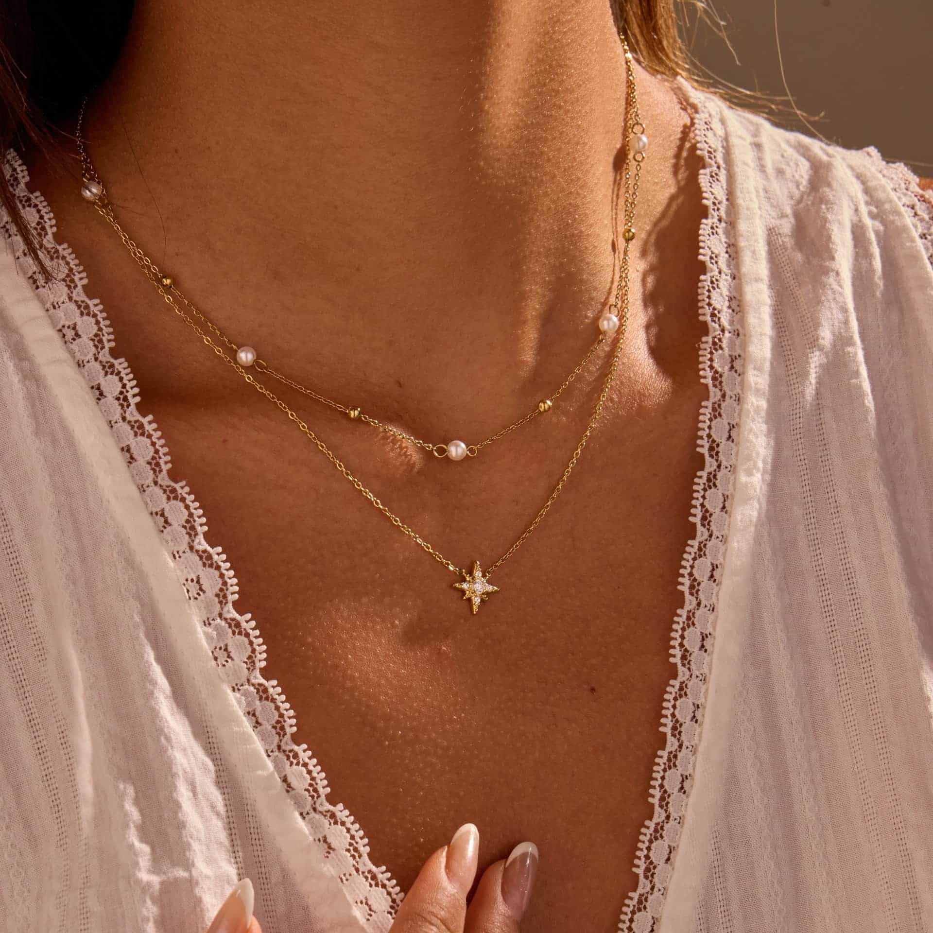 Double Layer Star Rhinestone Pearl Stacked Necklace, PVD Gold Plated Stainless Steel Dainty 8 Point Star Choker Minimal Women Daily Jewelry