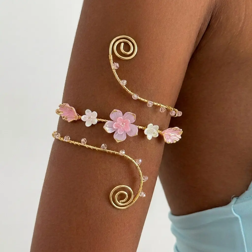 Ocean Butterfly Shell Arm Cuff, Electroplated Iron Spiral Open Upper Arm Bracelet Faux Pearl Starfish Crystal Women Summer Vacation Arm Jewelry