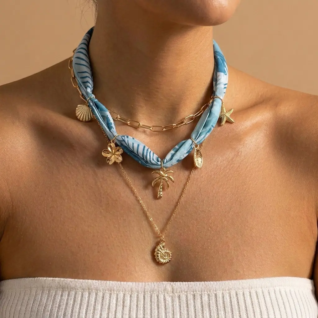 Luxury Multi-Layer Silk Scarf Ocean Stack Necklace, Electroplated Alloy Zinc Pendant Floral Starfish Sun Charms Casual Travel Fashion Commute Women Collarbone Jewelry