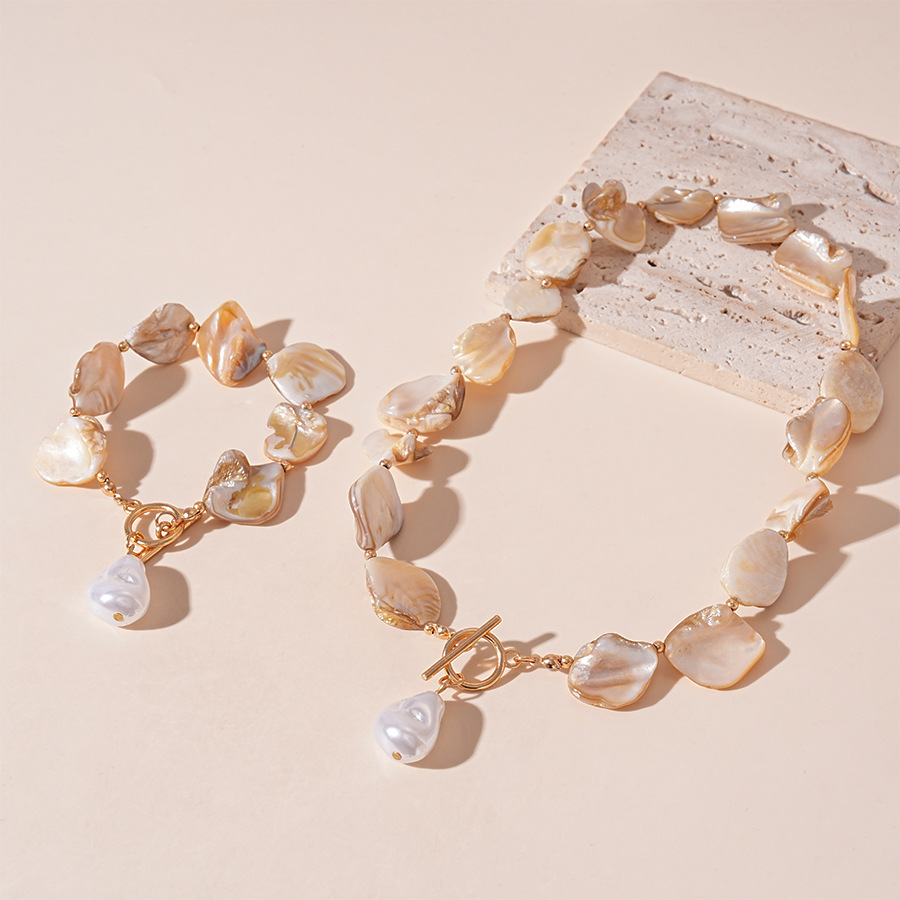 Irregular Baroque Shell & Imitation Pearl Jewelry Set, Boho Vacation Natural Geometric Collarbone Necklace Bracelet Elegant Women Daily Accessories