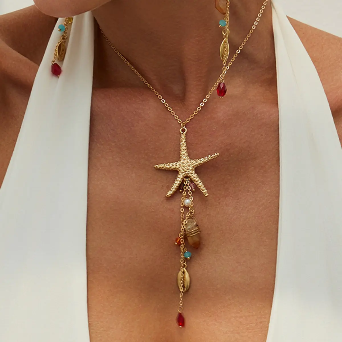 Boho Ocean Starfish Shell Crystal Drop Necklace, Electroplated Alloy Cable Chain Irregular Marine Pendant Personality Women Beach Vacation Collarbone Jewelry