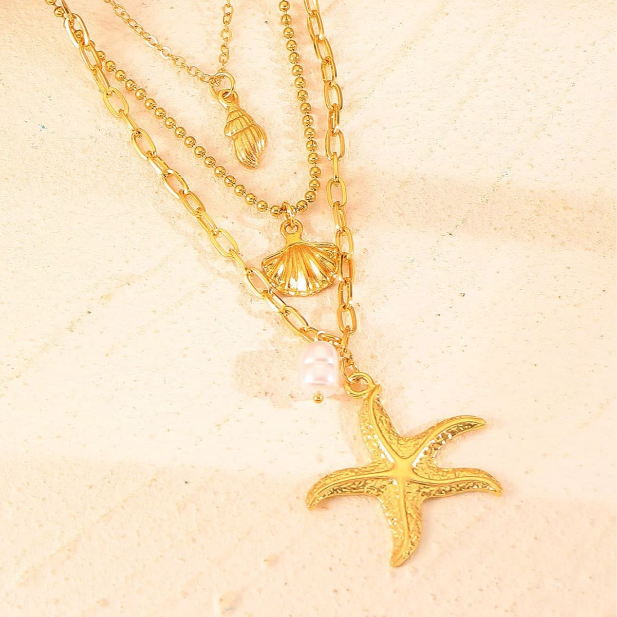 3-Tier Ocean Starfish Pearl Stacked Necklace Boho Summer Beach Gold Necklace for Women