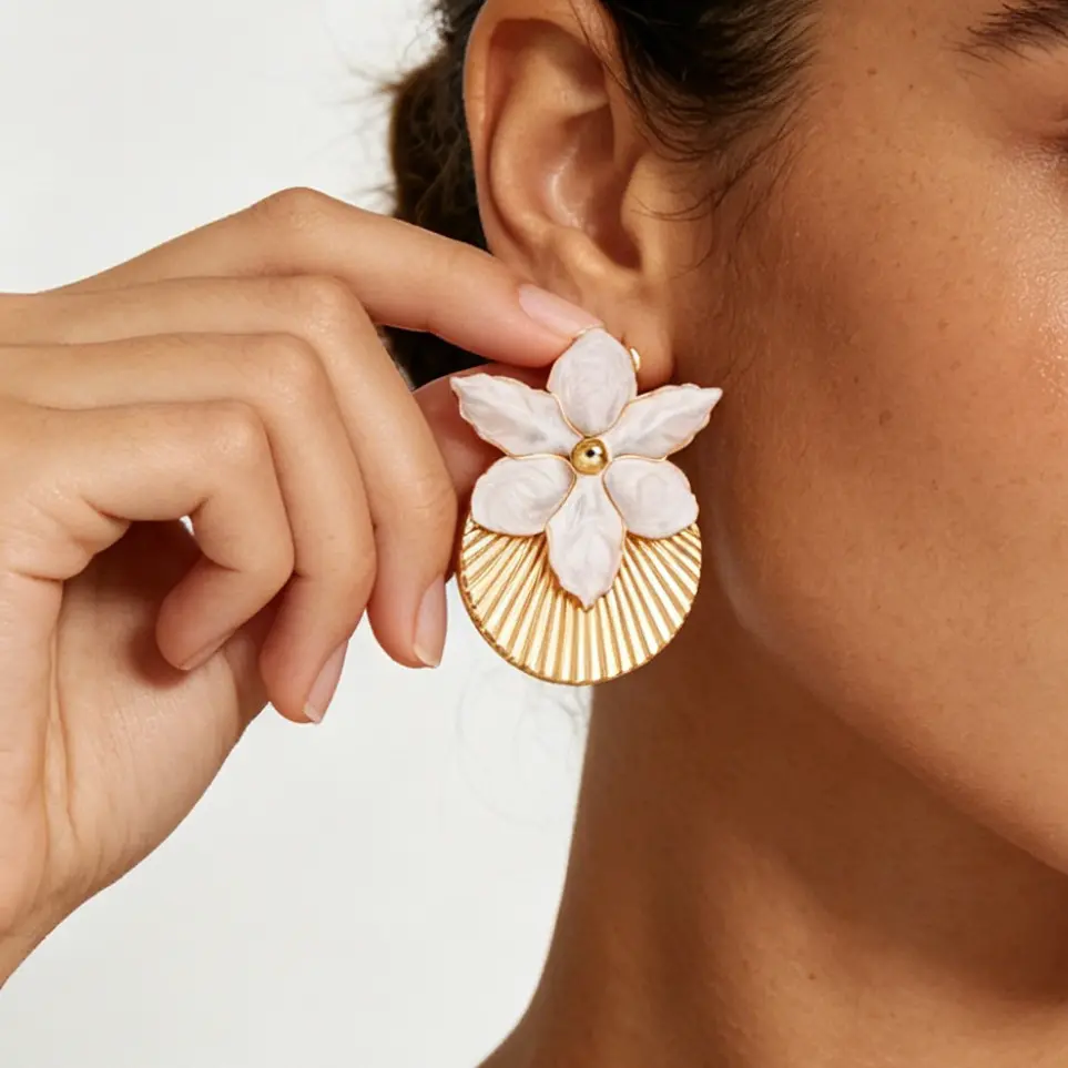 Oversized Yellow Enamel Flower Drop Earrings, Electroplated Zinc Alloy Iron Pin French Sweet Coastal Vacation Statement Floral Earrings for Women