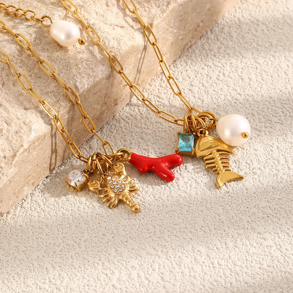 18K Gold Plated Stainless Steel Ocean Ankle Bracelet, Zircon Lobster Coral Fish Charm Natural Summer Beach Foot Jewelry for Women