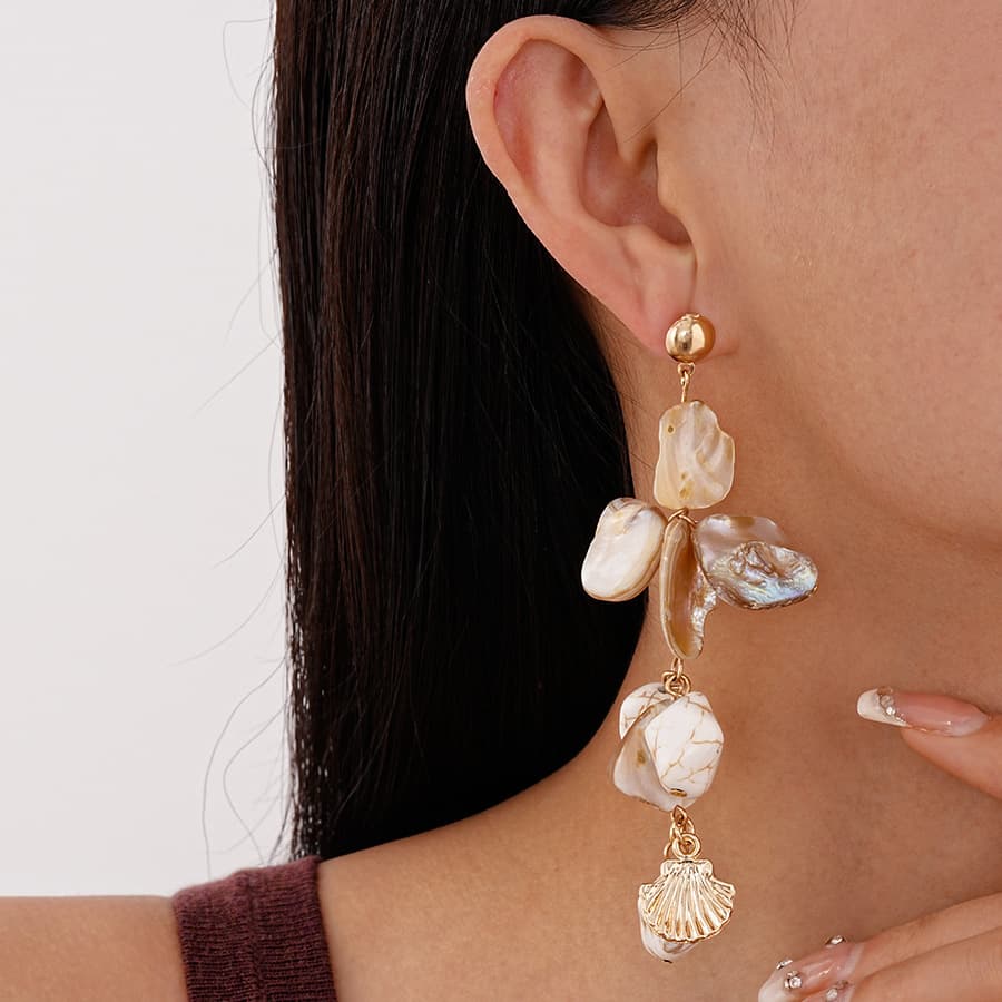 Boho Ocean Natural Shell Chip Drop Earrings, 925 Silver Pin Long Tassel Seashell Dangle Earrings Fresh Sweet Vacation Niche High-End Jewelry for Women