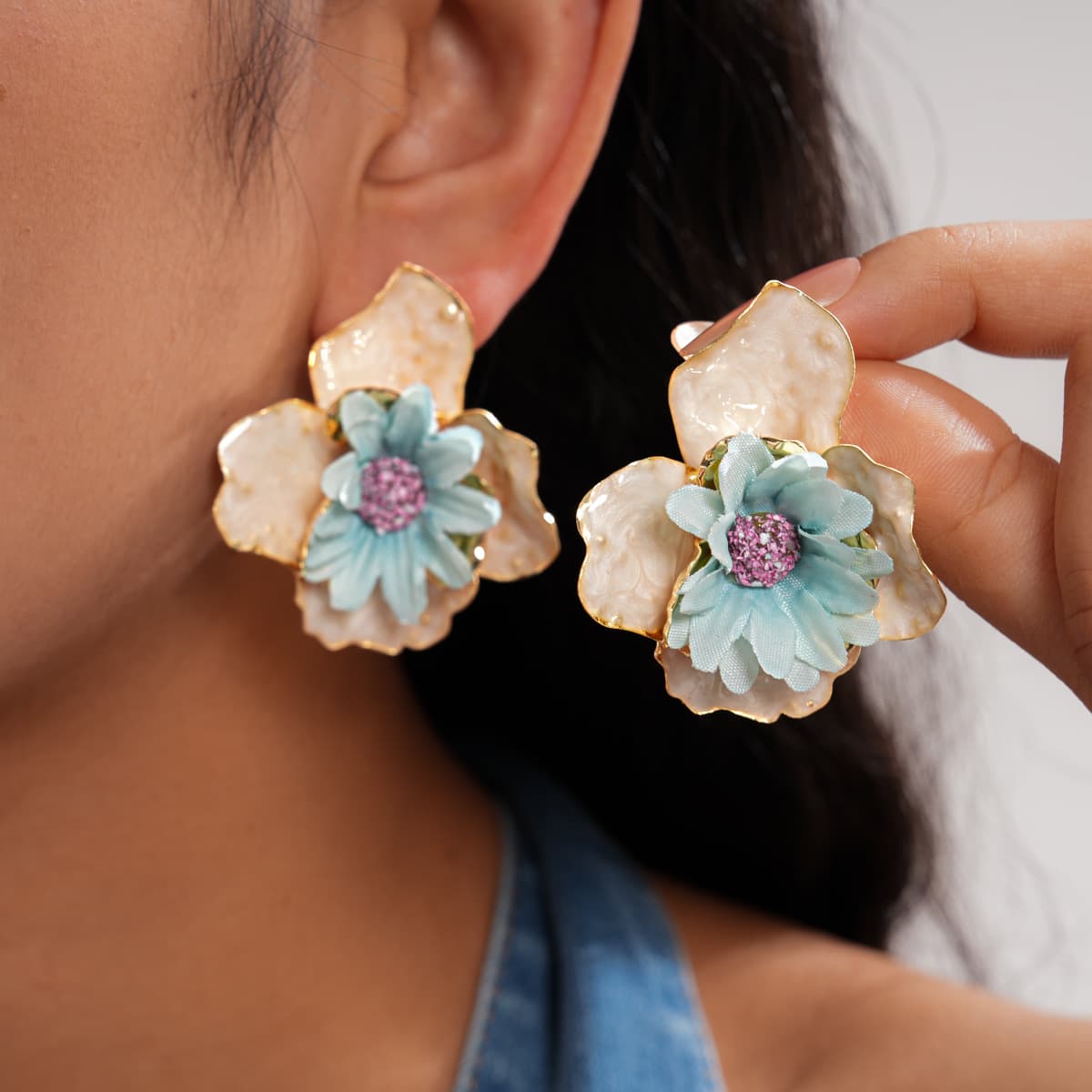 Spring Drip Oil Fabric Flower Stud Earrings, Sweet Floral Steel Pin Niche Design Bohemian Vacation Statement Ear Jewelry for Women