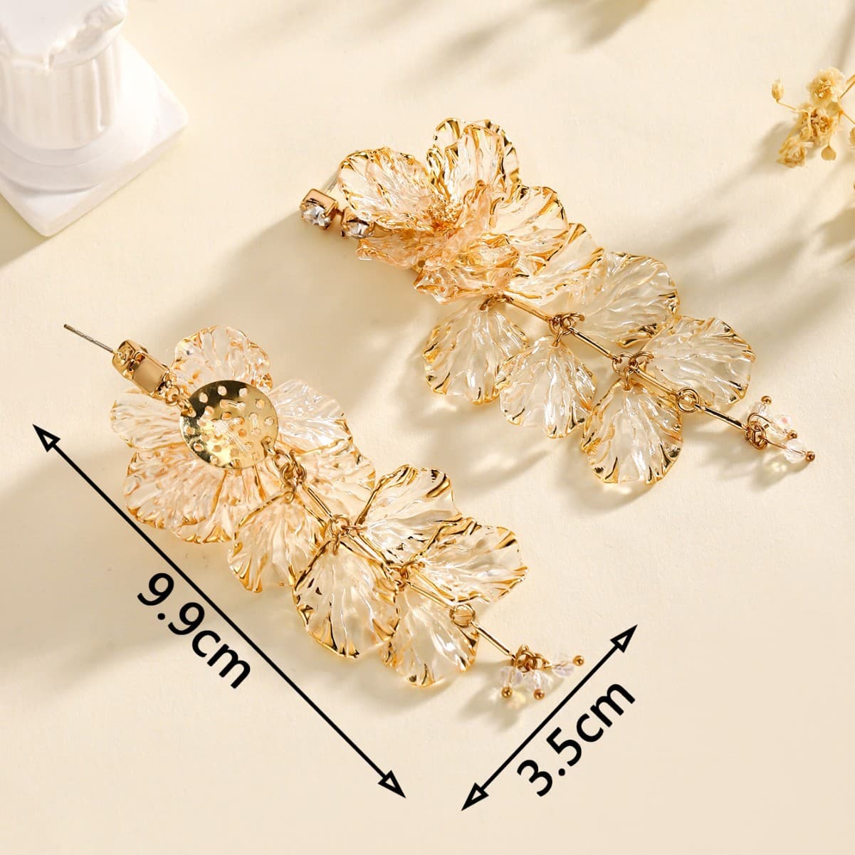 Champagne Transparent Resin Floral Tassel Drop Earrings, Oversized Layer Petal Crystal Stud Niche Elegant Fresh Sweet Women Statement Ear Jewelry