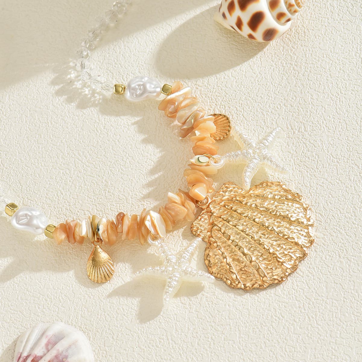 Boho Summer Beach Natural Shell Starfish Pearl Beaded Collarbone Necklace, Gold Plated Alloy Ocean Pendant Stackable Vacation Statement Jewelry for Women