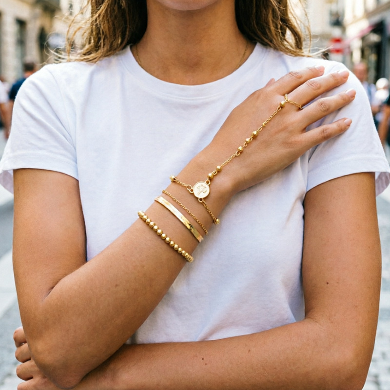 4Pcs Stackable Gold Bracelet Set, Cross Coin CCB Bead Snake Chain Hand Chain Connected Finger Ring Ins Hip Hop Minimal Personality Daily Jewelry for Women