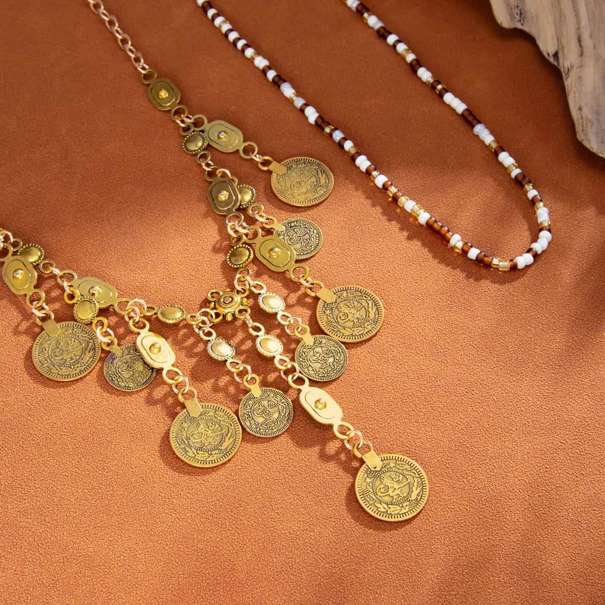 Boho Multi Layer Coin Tassel Necklace Vintage Ethnic Beaded Gold Choker Retro Geometric Pendant Women Daily Jewelry
