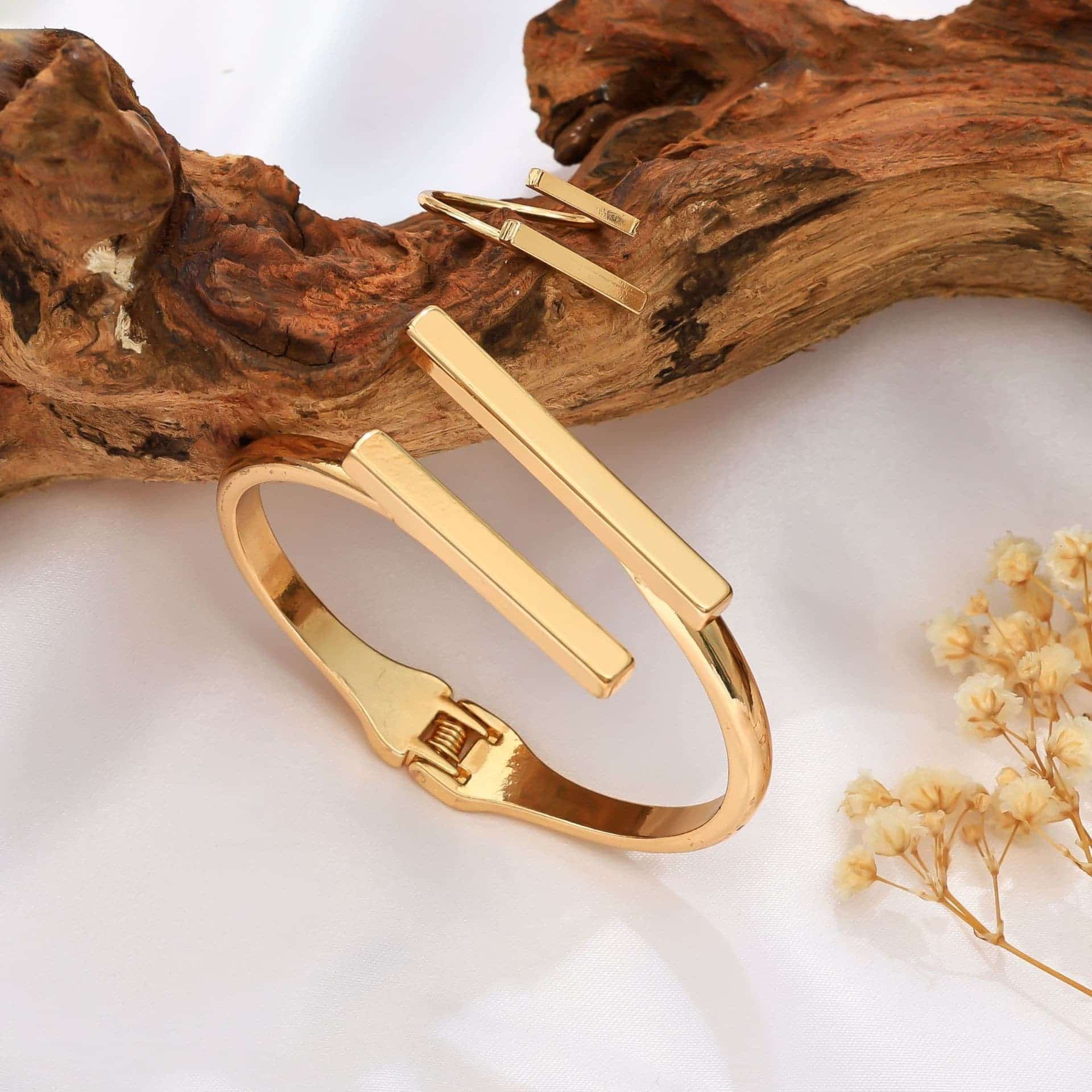 Minimal Geometric Bar Open Cuff Bracelet Ring Jewelry Set, Electroplated Alloy Square Line Adjustable OL Fashion Commute Statement Matching Jewelry for Women